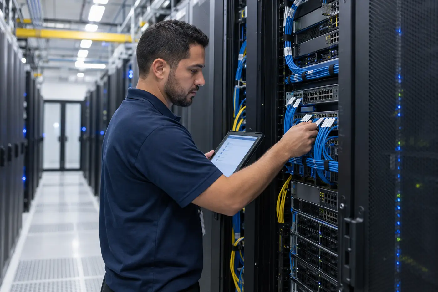 Field engineer carrying out smart hands work on a network rack in a data center